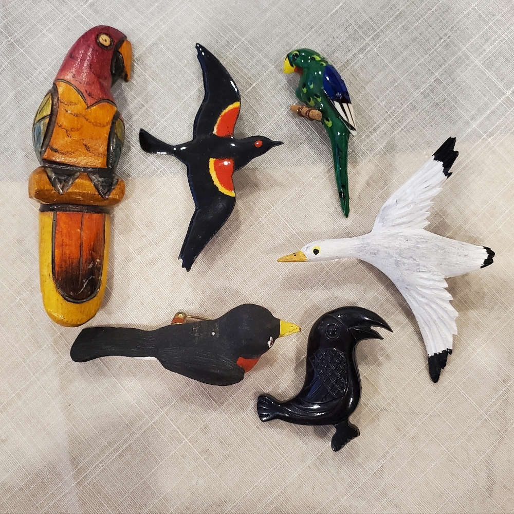 Colorful Bird Brooch Pins Lot Wood Resin Metal 6pcs Vintage Handmade